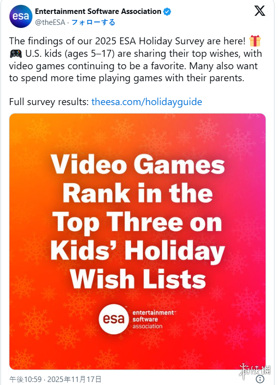 美国娱乐软件协会(ESA)发布的最新圣诞礼物调查显示,孩子们最渴望收到的礼物竟然是它!
美国娱乐软件协会(ESA)发布的最新圣诞礼物调查显示,孩子们最渴望收到的礼物竟然是它!